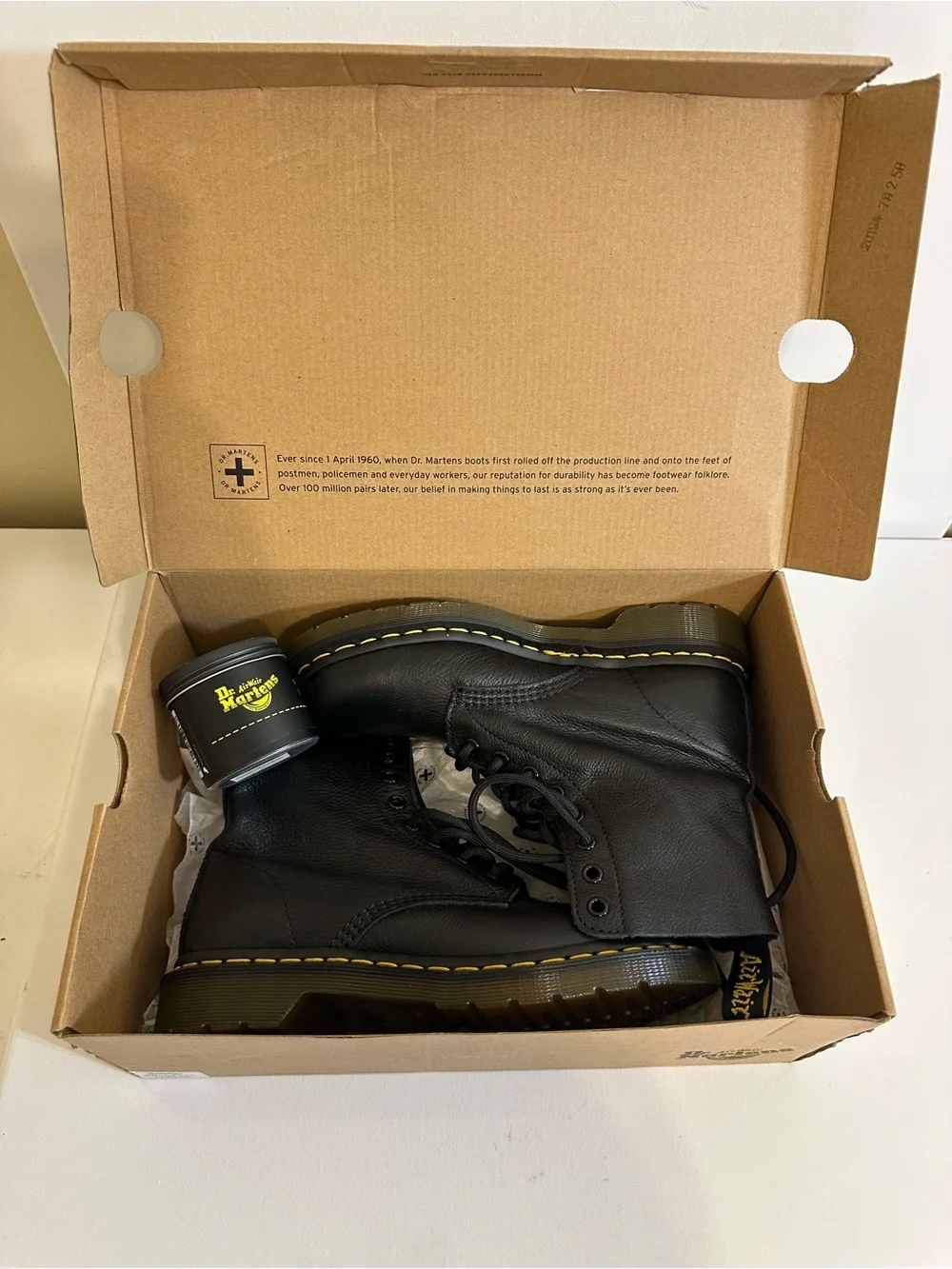 Dr. Martens Black Leather 8-Eye Boots with Yellow Stitching